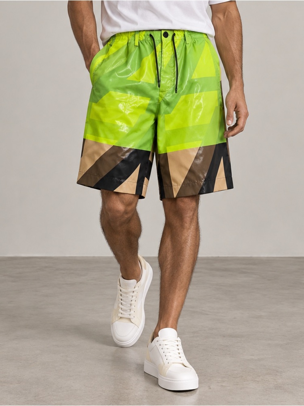 DRIES VAN NOTEN Men's Neon Green Geometric Shorts NWT